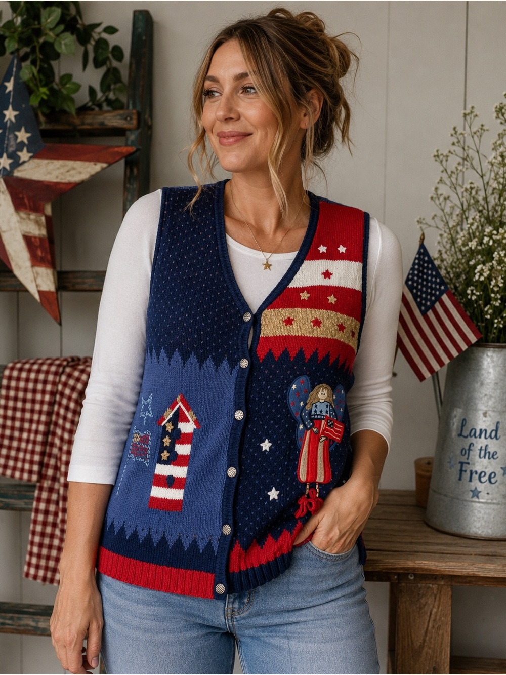 Patriotic Quacker Factory Knit Vest Red White and Blue July 4th 1X USA